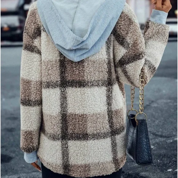 New plaid print hooded Teddy jacket - Picture 6 of 7